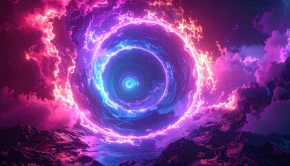 Vibrant portal through the cosmos with swirling nebulae and otherworldly landscape