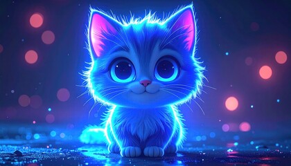 Adorable glowing cartoon kitten with big eyes and vibrant colors for children concept