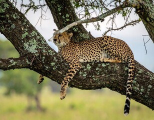 A cheetah resting on a tree branch in a savanna