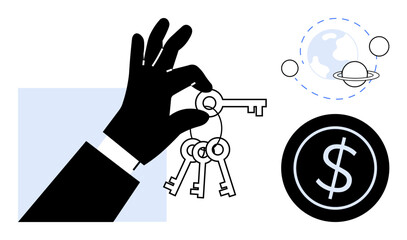 Black hand holding keys, globe with orbit lines, and dollar sign circle. Ideal for success, ownership, investment, strategy, opportunity global economy unlocking potential. Minimalist flat metaphor © robu_s