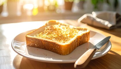 Toasted bread on a plate, sunlit breakfast