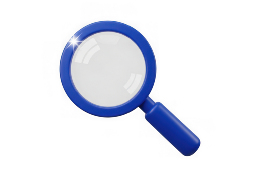 3d icon of blue magnifying glass with sparkling lens isolated on transparent background