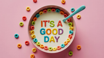 A flat lay photograph of a white ceramic bowl filled with milk and colorful cereal letters spelling out IT'S A GOOD DAY in rainbow colors