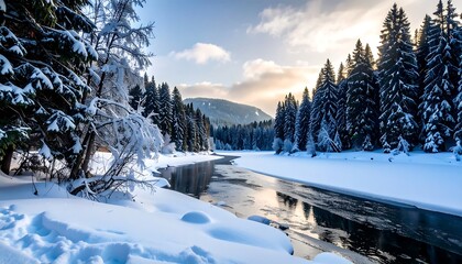 Winter wonderland landscape with frozen river