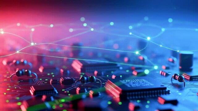 Close-up view of a vibrant circuit board with glowing components and interconnected lines in a tech setting