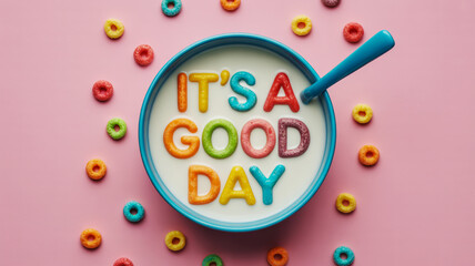 A flat lay photograph of a white ceramic bowl filled with milk and colorful cereal letters spelling out IT'S A GOOD DAY in rainbow colors