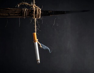 A cigarette hangs from a rope, symbolic of death