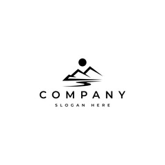 abstract mountain silhouette logo with river flowing under sunlight in flat vector design style