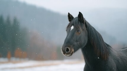 Magnificent Black Horse Portrait in Winter Snowstorm Cinematic HDR Landscape