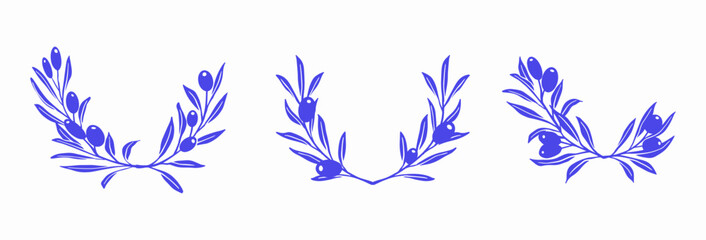 Clip Art of Olive Branch for olive oil logo or olive icon, hand drawn olive branch botanical herbs elements in vector format, floral olive frame and border	
