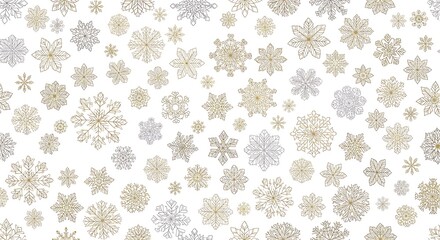 A pattern of snowflakes in various sizes and colors, isolated on white background