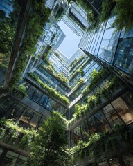 Verdant Urban Oasis - Futuristic Skyscraper Courtyard with Lush Greenery and Skyward View.