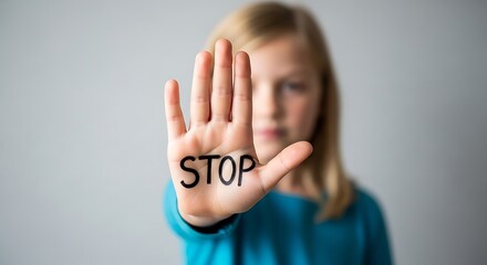 Young girl holding up her hand with the word stop written on it, conveying a message of refusal or boundary setting