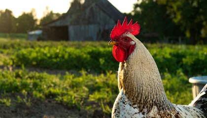 Rooster's comb stands out in front of old barn on rural farm, sunny day