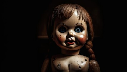 Creepy Old Doll with Blue Eyes and Braided Hair in Dark Setting.