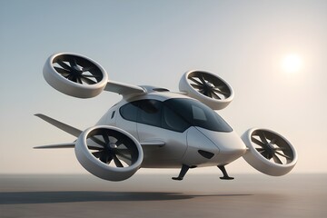 Sleek eVTOL Aircraft with Tilting Rotors Hovers Near Ground at Sunrise: White Urban Air Mobility Vehicle with Fixed Wings