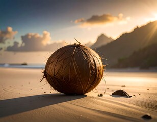A coconut on a beach at sunrise
