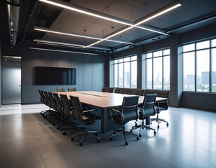 Spacious, modern conference room with a large table, executive chairs, a big screen, and expansive city views through floor-to-ceiling windows.