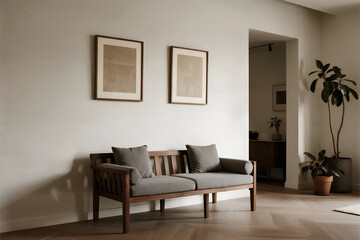 Stylish minimalist living space featuring a wooden bench with grey cushions, framed abstract art on a white wall, and potted plants on a wooden floor.