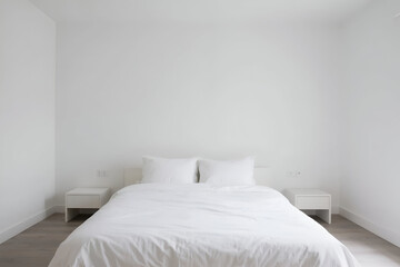 Bright, minimalist white bedroom with a freshly made bed and two simple nightstands. Clean, modern interior design for ultimate comfort and tranquility.