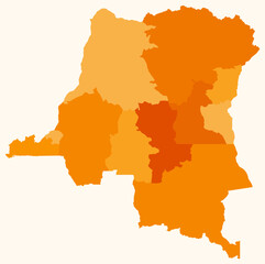 Fototapeta premium Map of Democratic Republic of the Congo with regions. Just a simple country border map with region division. Orange color palette.