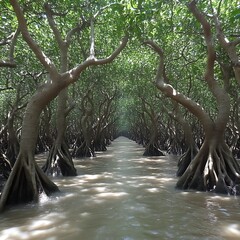 Mangrove forest waterway, sunlit path