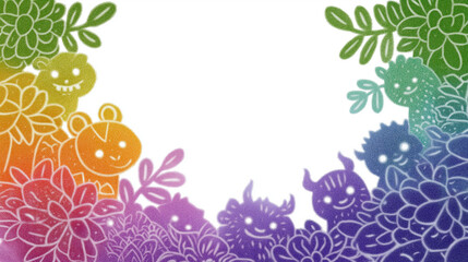 Whimsical Creature Border: A vibrant, inviting composition featuring a colorful assortment of adorable creatures peeking from amidst flowers and foliage.