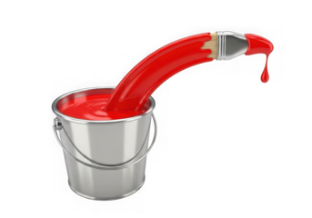 3d icon of paint bucket with red paint and dripping brush isolated on transparent background