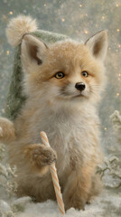 Fox cub's winter journey: An adorable fox cub, bundled in a cozy cap, embarks on a whimsical winter adventure through a snow-covered forest, holding a walking stick.