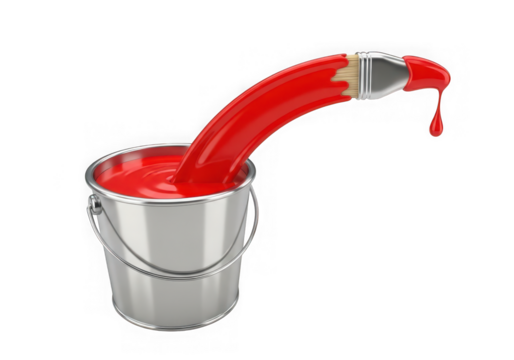 3d icon of paint bucket with red paint and dripping brush isolated on transparent background