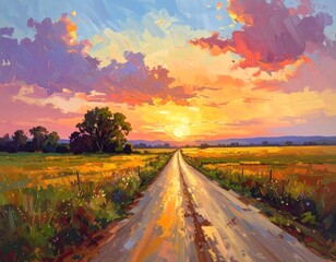 A country road stretches into a vibrant sunset