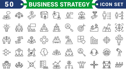 Business strategy set of web icons in line style. A collection of linear icon representing key business concepts, including market analysis, strategy, leadership, innovation, planning. Editable stroke