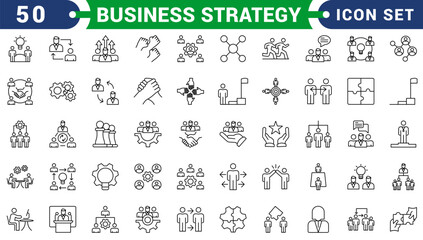 Business strategy set of web icons in line style. A collection of linear icon representing key business concepts, including market analysis, strategy, leadership, innovation, planning. Editable stroke