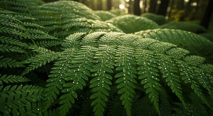 Botanical scene: fern leaves overlapping, dew drops, soft natural forest light.