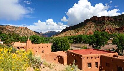 Southwestern landscape with adobe buildings, mountain vista, bright sunny day, sky
