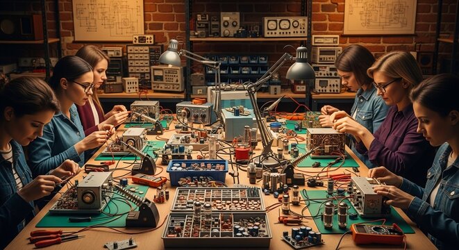 Group of female engineers and students working on electronics assembly and circuit boards in a modern laboratory workshop