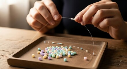 delicate bead stringing craft from a wooden tray: colorful tiny beads being threaded