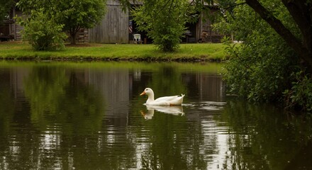 A white domestic duck swims in a reflective pond. Rural countryside scene with a rustic barn in the background