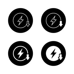 Save energy icon in black circle. Low power consumption symbol with lightning and down arrow