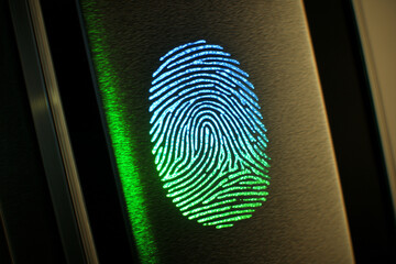 Digital glowing fingerprint scanning biometric security access control technology