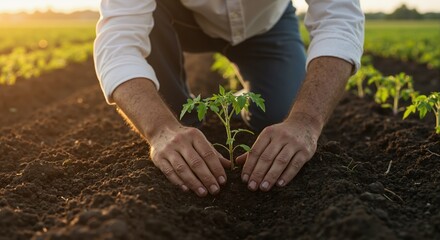 Fototapeta premium Farmer's hands planting a seedling in a field at sunset. Agriculture and new beginnings concept. Business growth and investment idea.