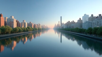 Scenic New York City Skyline Reflecting in River under Clear Blue Sky Urban Landscape Featuring Towering Buildings and Lush Green Trees along Waterfront