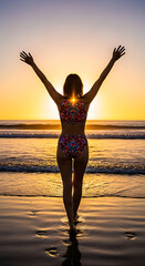 Woman’s back in patterned bikini, arms raised as she walks toward ocean, sun setting behind her