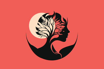 Abstract Silhouette with Tree Leaves and Moon – Parent and Child Trauma Concept Illustration