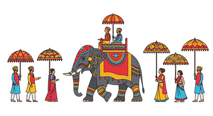 Ornate Decorated Elephant Procession with People and Umbrellas