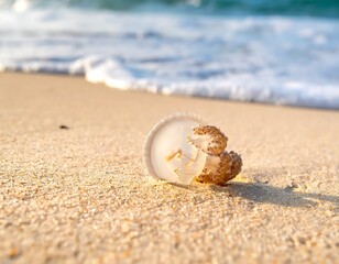 A delicate jellyfish washed ashore on a sandy beach