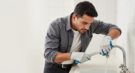 Handyman plumber repairing a leaky sink faucet with a wrench. Home improvement and maintenance service concept. Copy space on the left