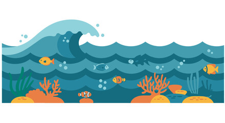 Fototapeta premium Stylized vector illustration of a vibrant underwater ocean scene with a large surface wave, colorful tropical fish, and coral reefs. A beautiful marine life background