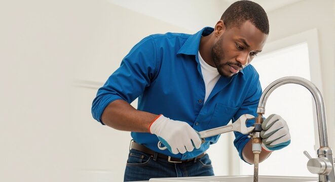African American plumber repairing a sink faucet with a wrench. Professional handyman doing home maintenance and repair work - Powered by Adobe
