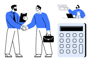 Professionals shaking hands, discussing documents, managing finances with a calculator. Ideal for collaboration, partnerships, financial planning, deals, business success, negotiation simple flat